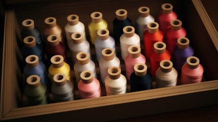 Multi-colored threads in spools in a wooden storage box are a bright palette for sewing lovers.