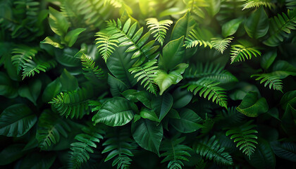 Fern leaves in the forest. Background with green leaves.