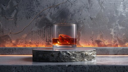 A glass of whiskey on a podium on a concrete background. Yellow liquid in a glass glass.