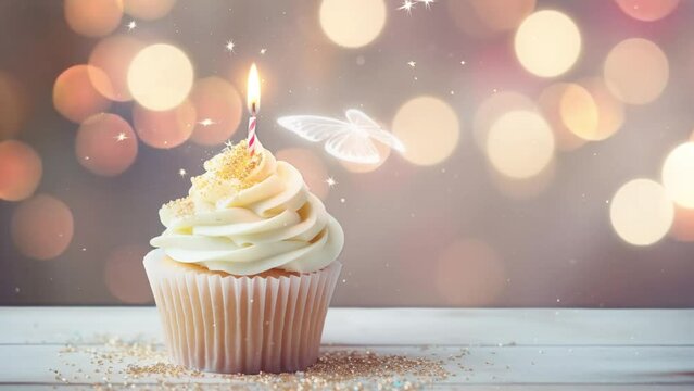simple elegant white cupcake. birthday cupcake with candle on light grey table. cupcake with whipped cream. seamless looping overlay 4k virtual video animation background 