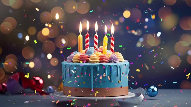 delicious blue cake with candles colorful gifts and confetti. birthday cake decoration concept. seamless looping overlay 4k virtual video animation background 