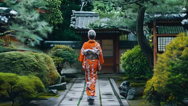 Japanese woman wearing traditional kimono walking in the garden. Japan