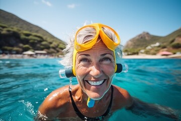 Portrait of happy senior woman snorkeling in the sea - obrazy, fototapety, plakaty