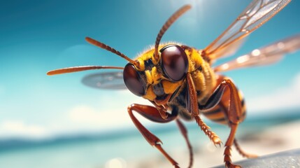 Experience the intensity of an hornet leaping onto the beach in a stunning close-up photo, Ai Generated. - obrazy, fototapety, plakaty