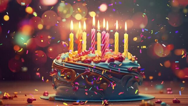 cake decoration concept. colorful birthday cake with candles. seamless looping overlay 4k virtual video animation background 