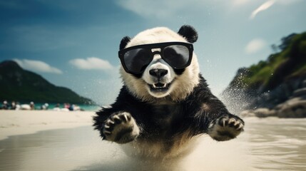 Experience the intensity of an panda leaping onto the beach in a stunning close-up photo, Ai...