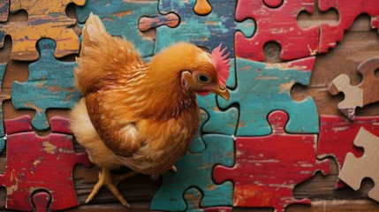 Rolgordijnen Cute chicken engrossed in a jigsaw puzzle, adding a whimsical touch, Ai Generated. © Crazy Juke