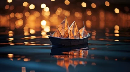 Zelfklevend Fotobehang Paper origami sailboat floats on water, surrounded by enchanting bokeh lights, Ai Generated. © Crazy Juke