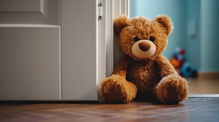 Delight in the adorable sight of a brown Teddy bear sneaking behind the door, Ai Generated