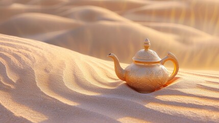 An ornate gold teapot rests gracefully on desert sands, Ai Generated.