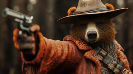 A bear in a hat with a surprising gun twist. Ai Generated.