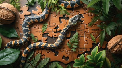 A cute cobra enjoys a playful jigsaw puzzle challenge. Ai Generated.