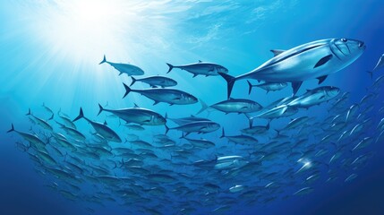 Fototapeta premium School of bar jack fish gracefully glide in seamless formation through deep blue ocean, Ai Generated.