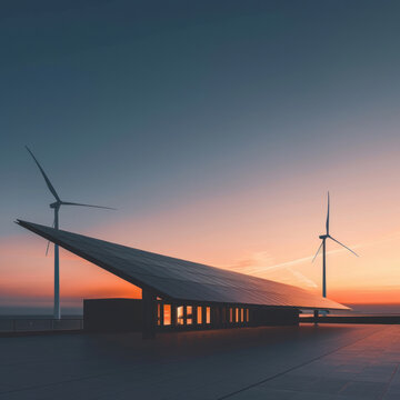 Renewable Energys Bright Future A dawn of innovation with solar panels and wind turbines against a clear sky promising a cleaner sustainable world Optimistic forward looking