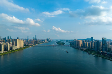 Naklejka premium city, water, skyline, sky, river, building, view, travel, bridge, landscape, lake, clouds, panorama, cityscape, architecture, buildings, urban, bay, town, downtown
