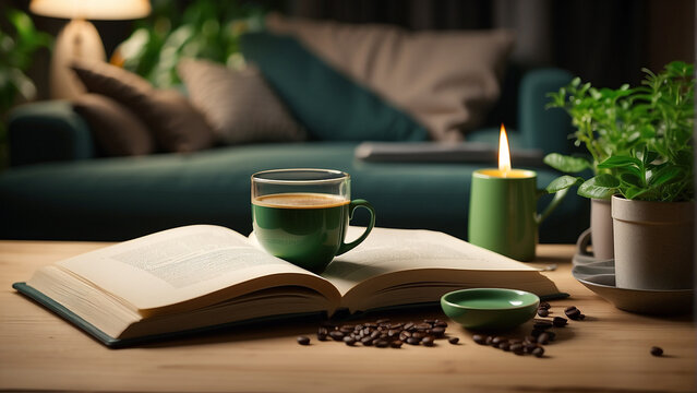 Realistic photo of a coffee cup object on a table and a book