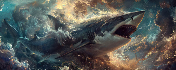 Shark gods of mythology ruling over the digital depths of quantum oceans - obrazy, fototapety, plakaty