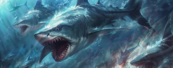 Shark gods of mythology ruling over the digital depths of quantum oceans