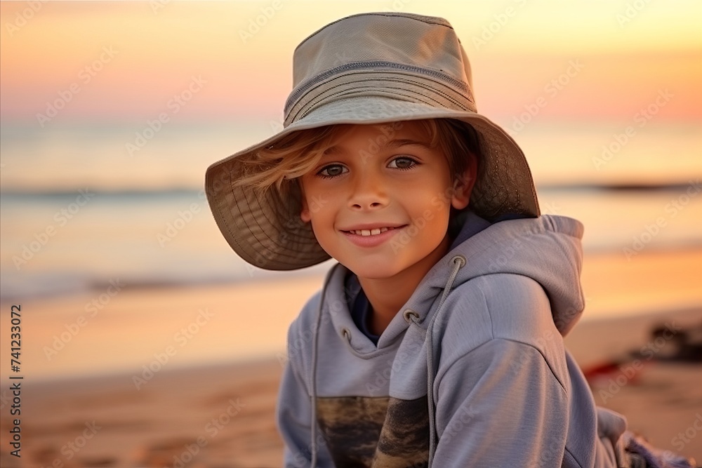 Sticker Portrait of cute little boy in hat on the beach at sunset