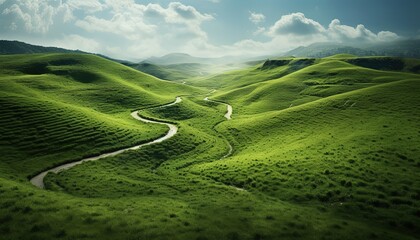  High mountain meadows, aerial view of Grass field winding road cutting through mountains, green tea plantation - Powered by Adobe