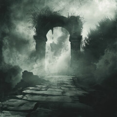 Underworlds Enigmatic Gates A shadowy path leading to the underworlds ancient gates wrapped in mist and mystery Eerie mythological essence