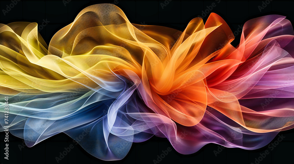 Poster vibrant motion, abstract futuristic design, merging colorful patterns in a dynamic flow