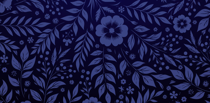 seamless floral pattern background with flowers leaf ornamental design dark blue colors for Fashionable modern wallpaper or textiles, book covers, Digital interfaces, graphic printing design templates