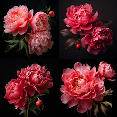 collage, hintergründe, rosa Pfingstrose auf schwarzem hintergrund, hohe qualität, makro, aufblühen,isoliert, ackgrounds, pink peony on black background, high quality, macro, bloom, isolated