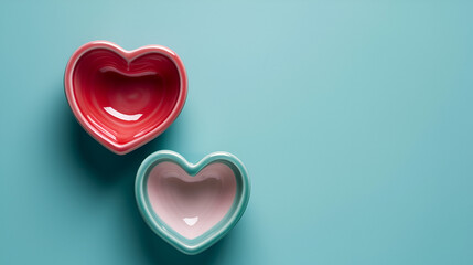  Two heart shaped bowls on blue background, top view. Valentine's day concept, copy space. generative ai