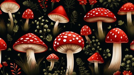 Fly agaric mushrooms seamless pattern, Vector Style - obrazy, fototapety, plakaty