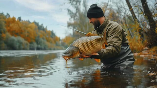 someone fishing catches a big fish. seamless looping time-lapse virtual 4k video Animation Background.