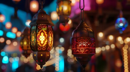 Colorful Arabic lanterns hanging in the street, Ramadan Kareem