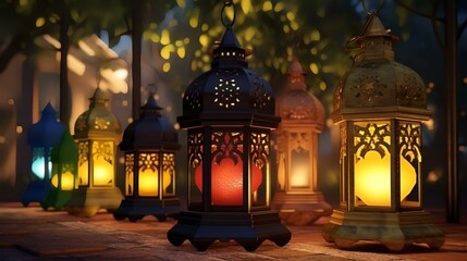 Lanterns in the night city. 3D rendering.