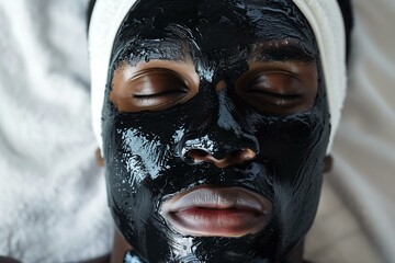 black mans face with a face mask at a spa or beauty clinic