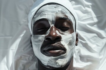 black mans face with a face mask at a spa or beauty clinic