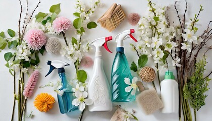 collage of spring flowers in spring, wallpaper An array of spring cleaning supplies with a fresh, natural floral motif arranged neatly on a white background An array of spring cleaning supplies with a