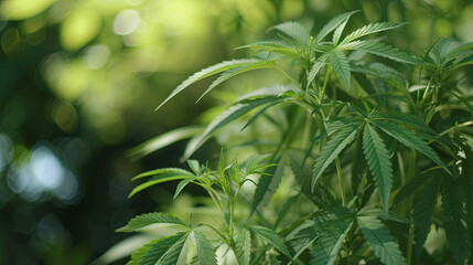 Green background with tall stems of marijuana and hemp