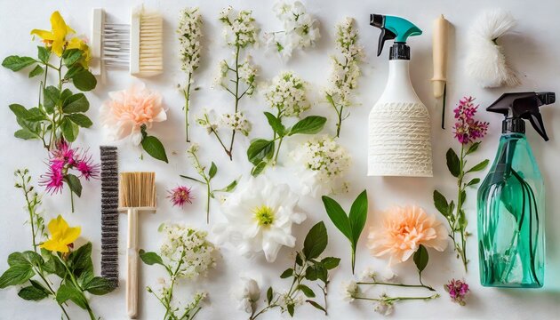 flowers in the garden wallpaper An array of spring cleaning supplies with a fresh, natural floral motif arranged neatly on a white background An array of spring cleaning supplies with a fresh, natur