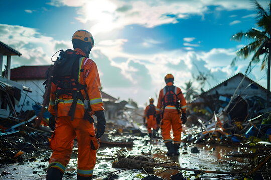 rescue team in an earthquake and flood