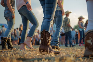 people legs on a country festival - obrazy, fototapety, plakaty