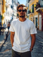 Man in White T-Shirt Standing on Street in City