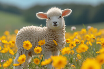 Fototapeta premium little sheep in a meadow with flowers