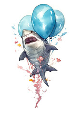 A charming watercolor shark, buoyed by vibrant balloons - obrazy, fototapety, plakaty