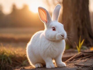 Fototapeta na wymiar white rabbit on the grass. close up portrait of little cute white rabbit