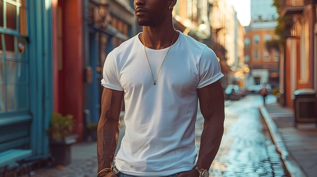 Black Man in White T-Shirt Walking on City Street