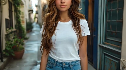 Young Woman in Alley Wearing Casual Clothes