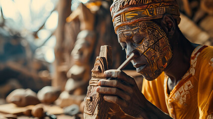 portraits a local Africa's artisan sculpting a traditional wooden mask, emphasizing the precision and cultural significance of this ancient art form. - obrazy, fototapety, plakaty