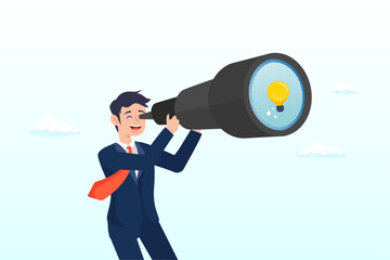 Fototapeta premium Businessman look through telescope to find lightbulb idea, product discovery, discover new idea or business insight, searching for innovation, creativity or smart solution, finding success (Vector)