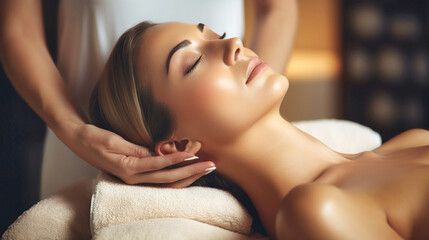 Close-up of the face of a relaxed young woman with closed eyes receiving a professional massage in a spa. A beautiful client with perfect skin is doing a massage. Healthy lifestyle concept - obrazy, fototapety, plakaty