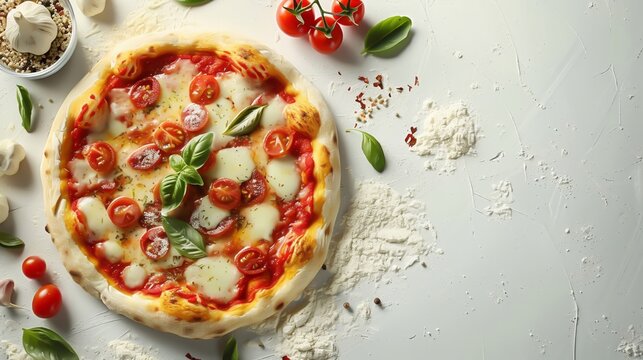 A fresh pizza on a white background